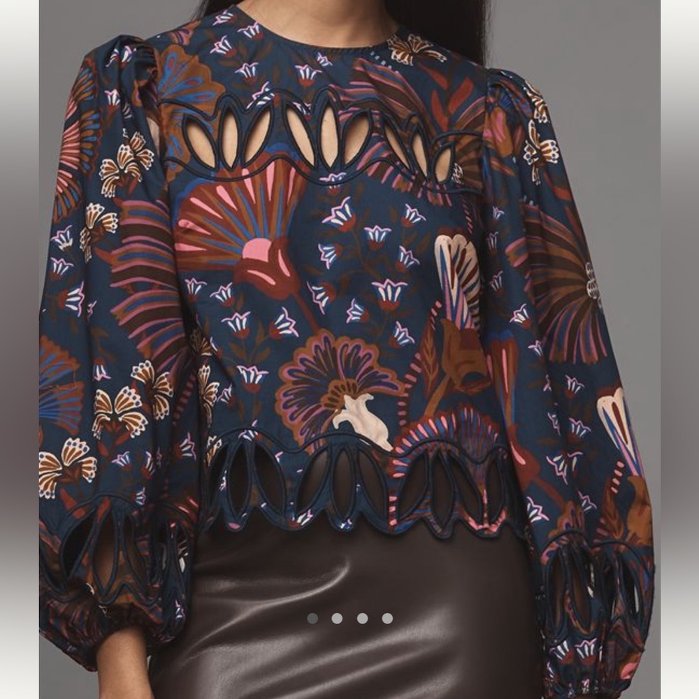 FARM Rio Long-Sleeve Cutwork Blouse